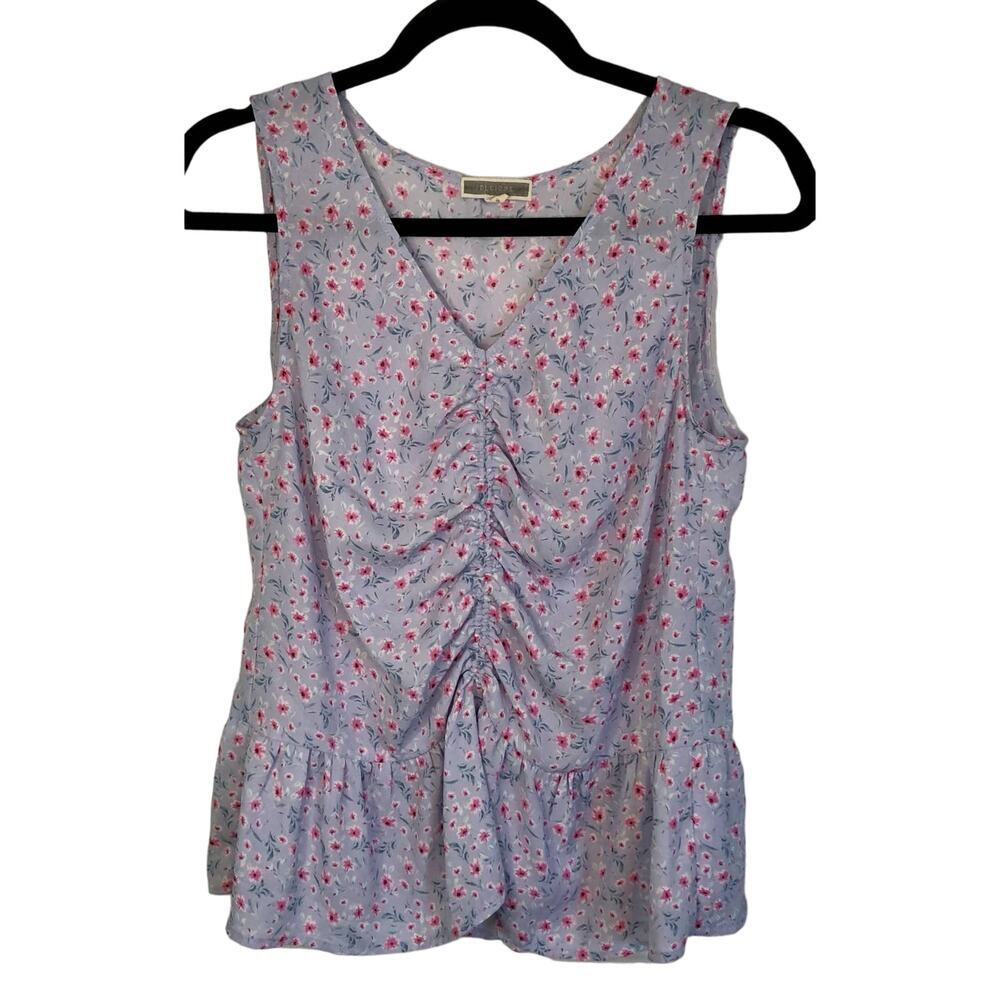 Pleione Floral Ruched Front Ruffle Hem Sleeveless Top Lavender Pink Boho - Small